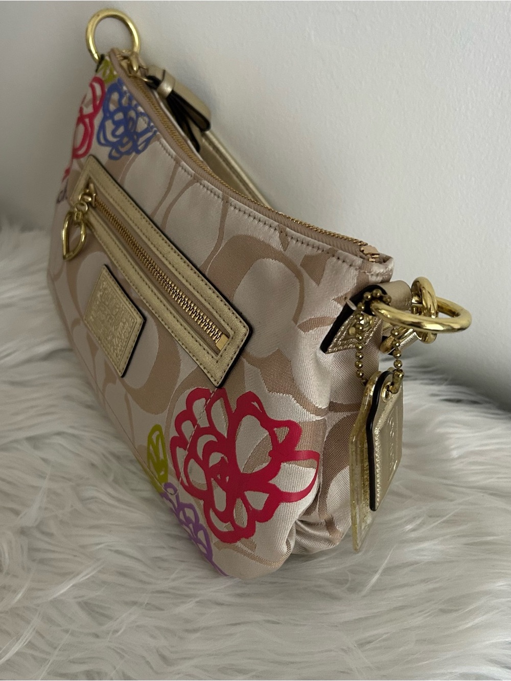 Coach Beige Signature Shoulder Bag with Pink Purple Green Floral Accents - Picture 10 of 16